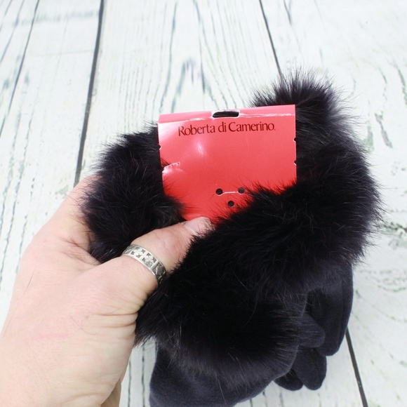 NEW Roberta Di Camerino Fur Trim Gloves Blue Black - Picture 5 of 8